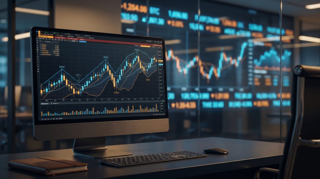 Advanced dark mode technical analysis charting interface showing a candlestick pattern with moving averages best charting platforms