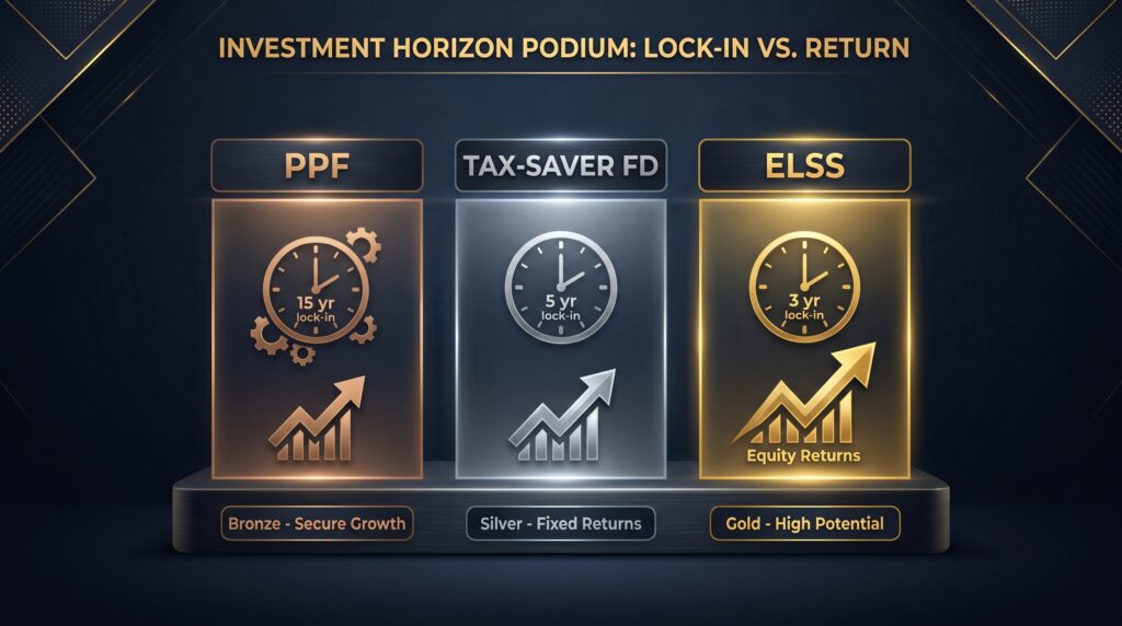 ELSS vs PPF vs tax saver FD comparison — shortest lock-in and highest return potential among Section 80C instruments