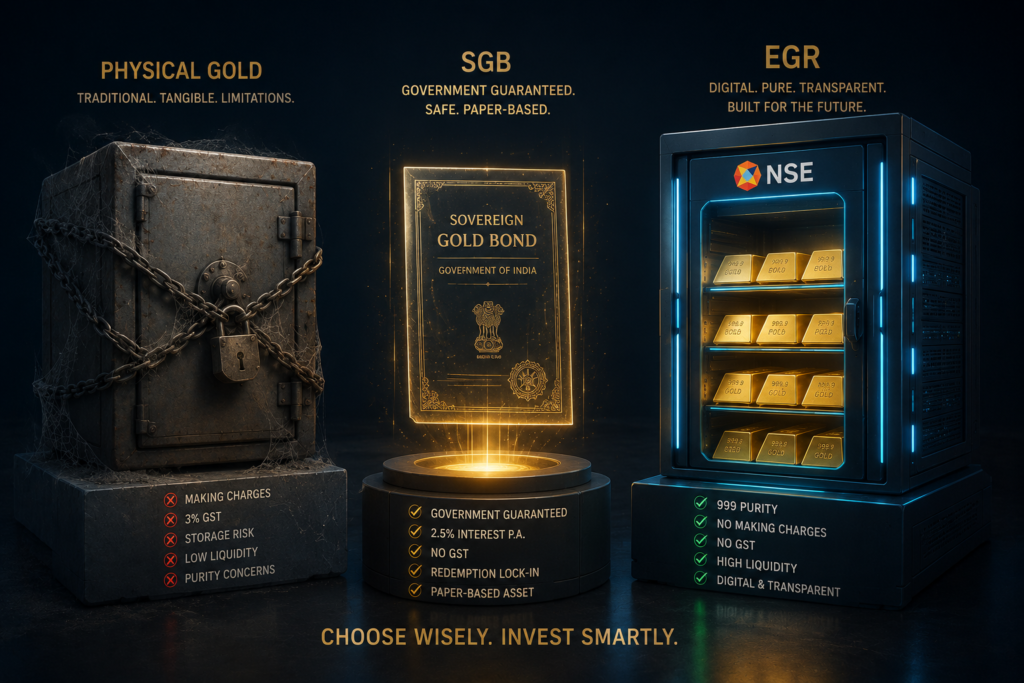  EGR vs SGB vs Physical Gold investment comparison India 2026 — Electronic Gold Receipt NSE guide Gyani Turtle