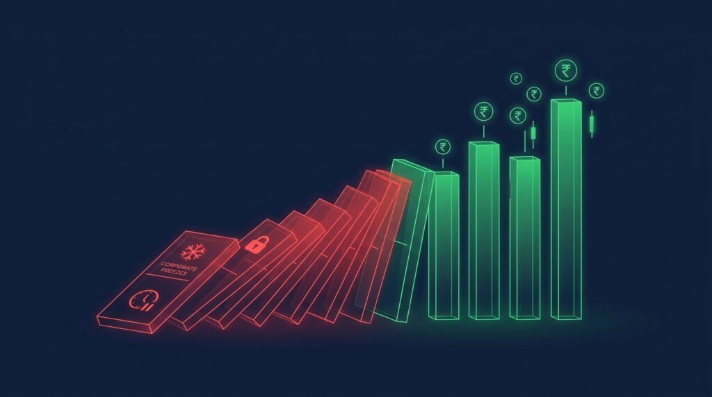what happens to SIP if market crashes — chain reaction of falling red dominoes turning into green SIP investment bars