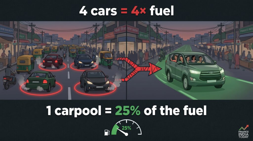 India carpooling fuel saving 2026 — PM Modi civic satyagraha appeal to reduce oil imports as crude hits $126 per barrel Strait of Hormuz crisis