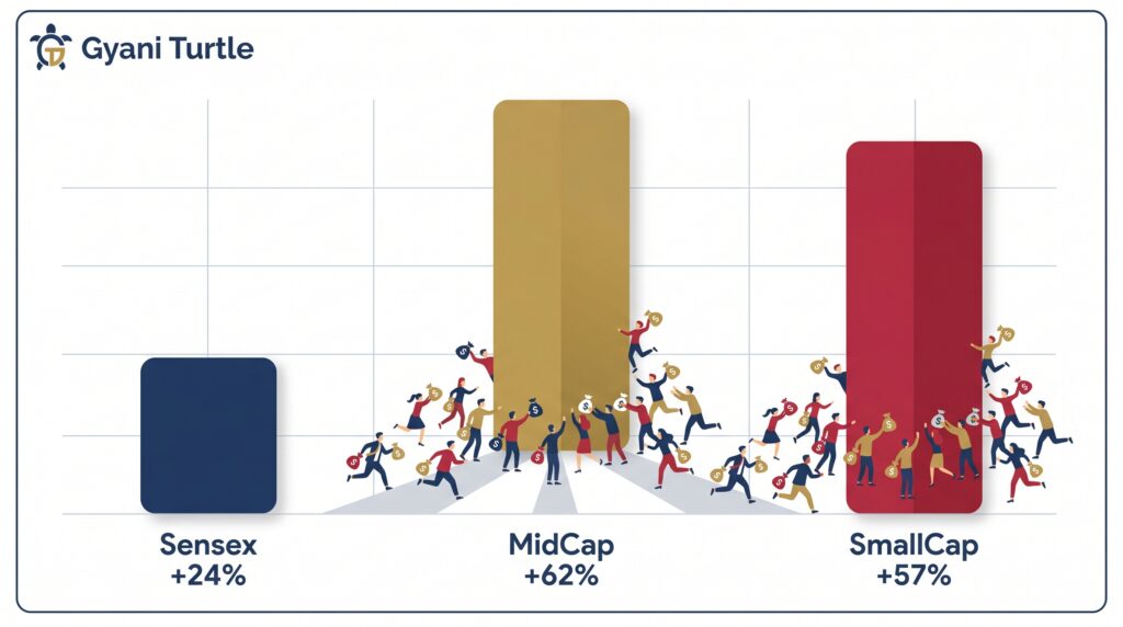 Illustration showing the 2023-24 return gap between Sensex at 24%, BSE MidCap at 62%, and BSE SmallCap at 57% that drove retail investors into small-cap mutual funds.