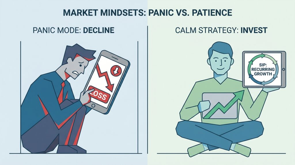 Visual comparison of panic selling versus disciplined SIP investing during market volatility reasons India 2026 — Rohit vs Meera case study Gyani Turtle