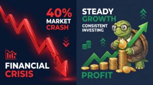 what happens to SIP if market crashes — calm turtle stacking rupee coins beside a plunging red stock market chart