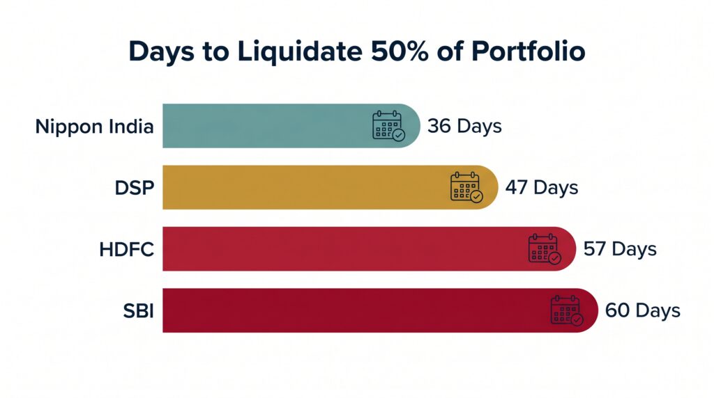 Bar chart illustration comparing days to liquidate 50% of portfolio across India's largest small-cap mutual funds — SBI at 60 days, HDFC at 57 days, DSP at 47 days, Nippon at 36 days. Source: AMFI 2025.