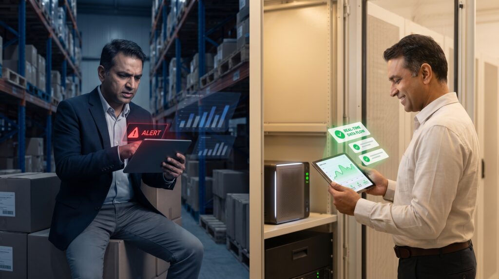 Indian MSME healthcare logistics owner comparing legacy colocation versus edge computing for real-time tracking