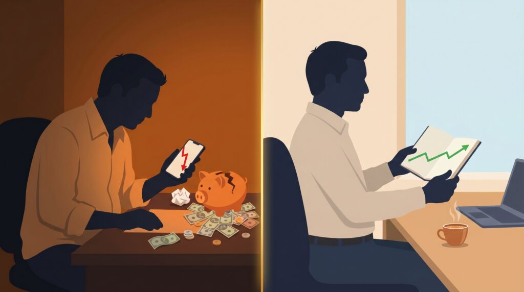 Split illustration comparing wrong vs right small-cap mutual fund investment decisions — panic selling during a market crash versus patient SIP investing with a structured portfolio.