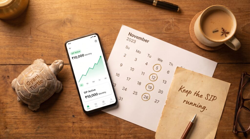 A calm, organised investor's desk representing the Gyani Turtle philosophy of patient, SIP-based investing during FII outflows and market volatility.