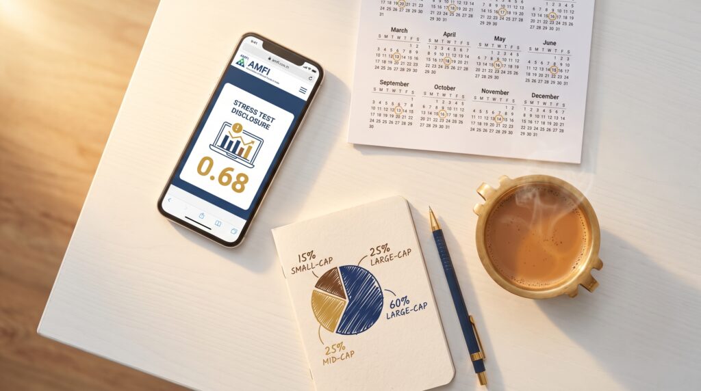 Organised investor desk with AMFI stress test disclosure on phone, portfolio allocation notes, and calendar reminder to check mutual fund stress test results by the 15th of each month.
