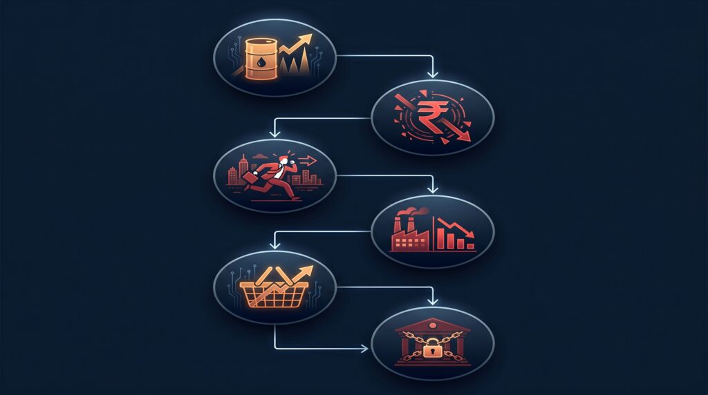 Vicious cycle showing large cap vs small cap India 2026
impact — from oil price shock to FII outflows to inflation
and RBI rate decisions