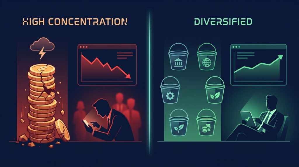 Hypothetical portfolio comparison large cap vs small cap
India 2026 — concentrated risk versus diversified approach
during market volatility