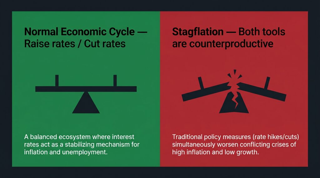 Federal Reserve dual mandate seesaw broken by stagflation definition — how slowing growth and rising inflation trap monetary policy