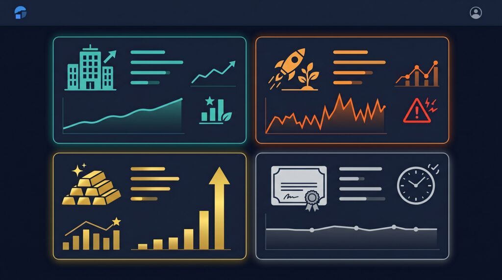 Stagflation investment strategy — defensive multi-asset portfolio allocation cards for navigating stagflation impact on global markets