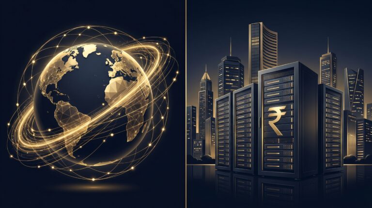 Illustration of India data centre investments 2026 showing global networks connecting to Indian infrastructure