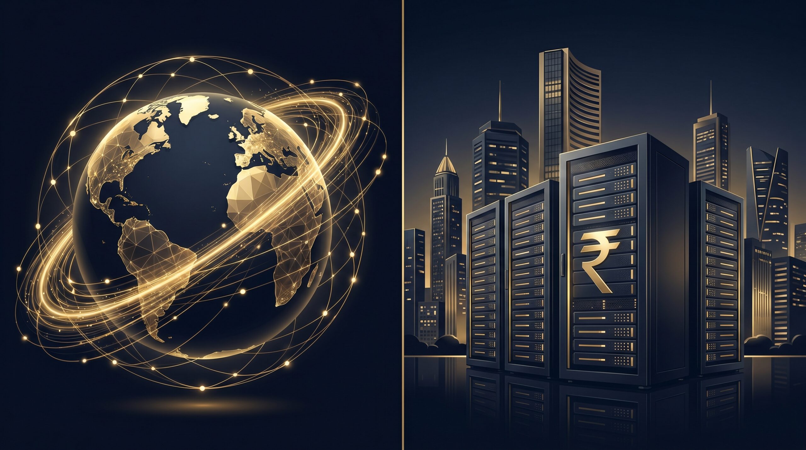 Illustration of India data centre investments 2026 showing global networks connecting to Indian infrastructure