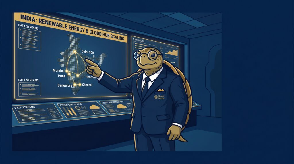 gyani turtle mascot analyzing india data center tax holiday budget 2026 infrastructure value chain dashboard