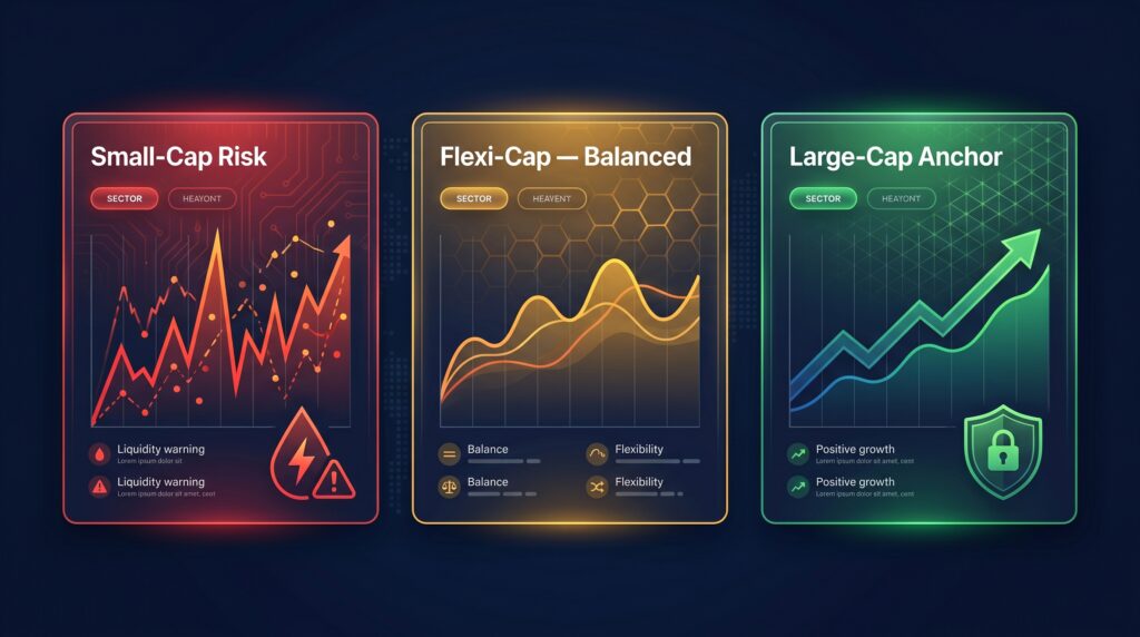 Large cap vs small cap India 2026 portfolio risk
comparison dashboard — SEBI stress test liquidity risk
versus large cap stability during FII outflow crisis