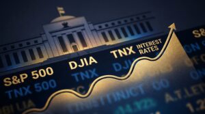 Illustration of rising US interest rate expectations and the Federal Reserve building — Fed rate hike 2026 outlook