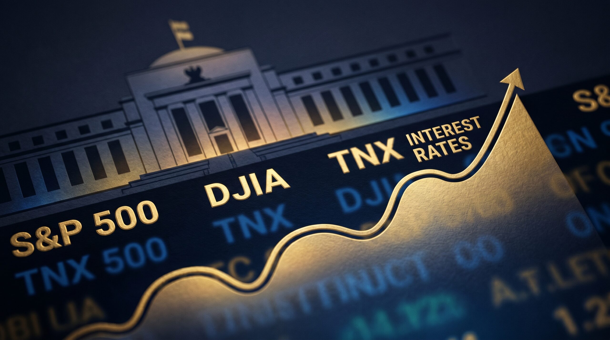 Illustration of rising US interest rate expectations and the Federal Reserve building — Fed rate hike 2026 outlook