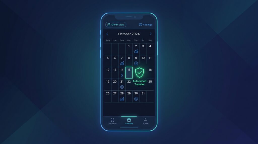 Minimalistic calendar icon and automated bank transfer graphic showing a consistent fixed monthly expense allocation.