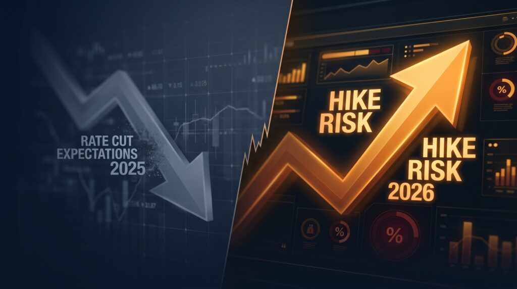 Split illustration showing the market shift from Fed rate cut expectations to an upcoming Fed rate hike risk profile — global investor perspective