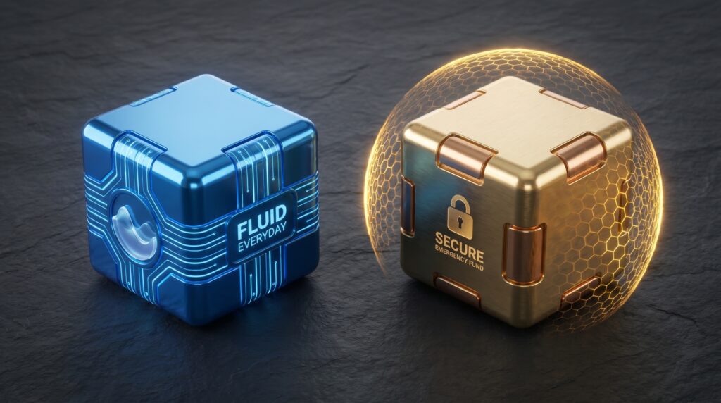 Visual depiction of two distinct bank accounts separating everyday transactional liquidity from a dedicated emergency reserve vault. How to build an emergency fund?