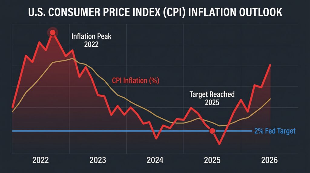 US CPI inflation graph 2022–2026 showing re-acceleration above the Federal Reserve 2% target — core context for Fed rate hike 2026 debate