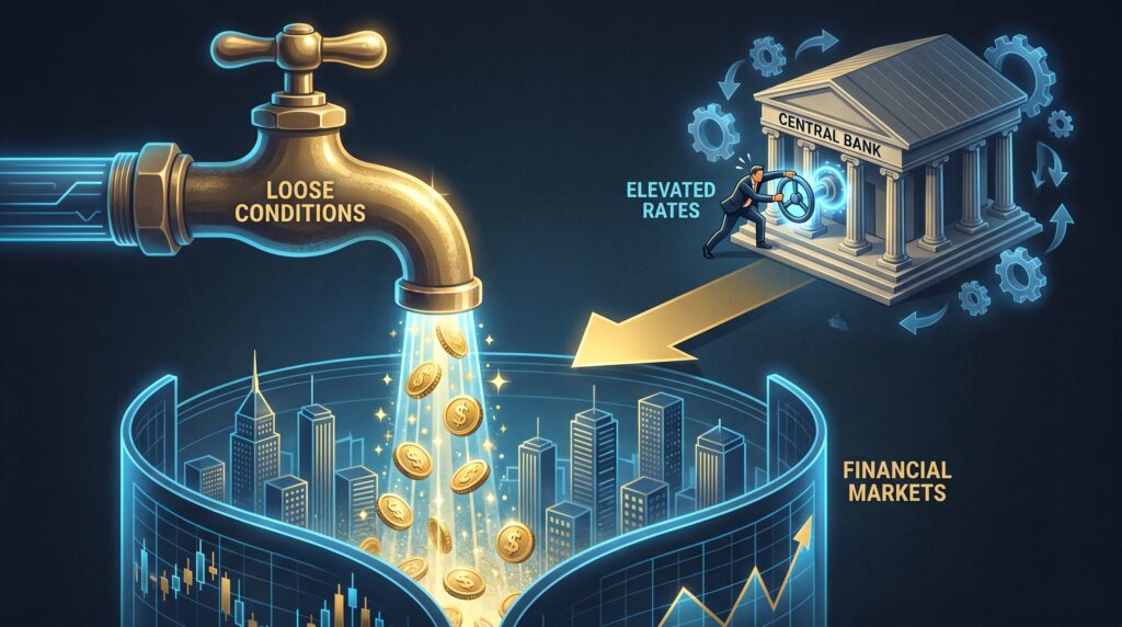 Illustration of loose financial conditions persisting despite elevated Fed policy rates — key factor in Fed rate hike 2026 risk assessment