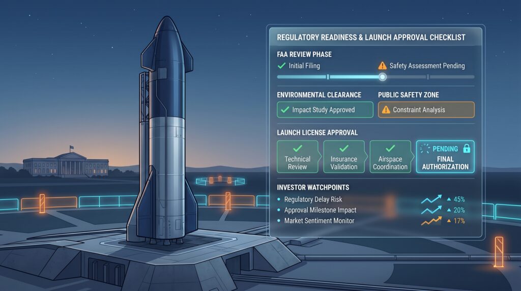 Illustrated infographic showing Starship V3 rocket at launch pad with FAA regulatory approval checklist overlay, displaying completed environmental clearance and pending final launch authorization with investor watchpoint metrics.
