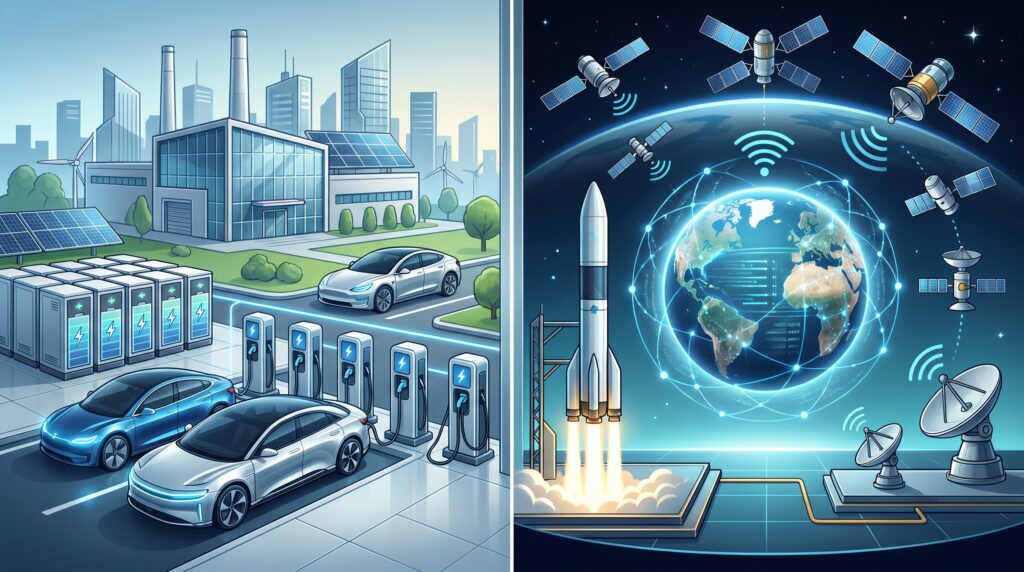 Split-screen comparison of electric vehicle infrastructure and space satellite infrastructure, representing Tesla and SpaceX business models.