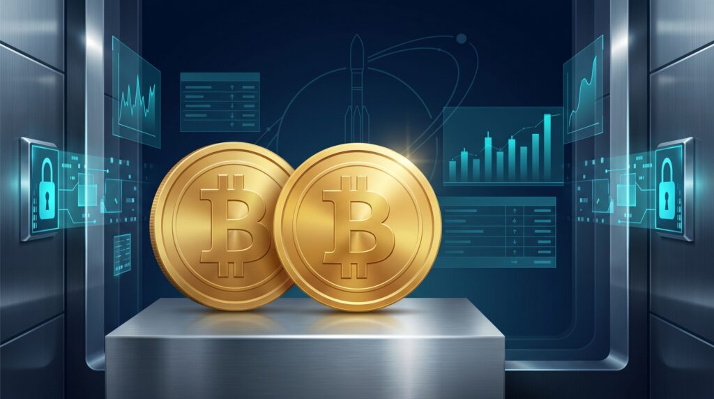 Bitcoin coin inside a corporate treasury vault with financial charts and a rocket silhouette, representing SpaceX reported Bitcoin holdings.
