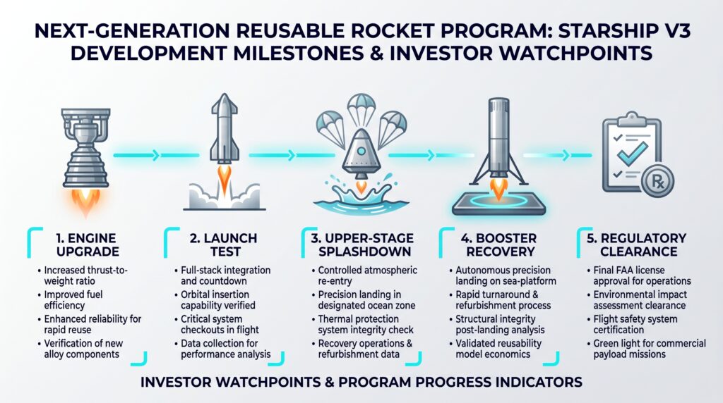 Investor-style infographic illustrating five Starship V3 development milestones — engine upgrade, launch test, upper-stage splashdown, booster recovery, and FAA regulatory clearance — with program progress indicators for each stage.