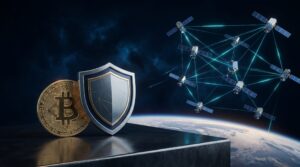 Space-based defense satellite network above Earth with a shield symbol and Bitcoin coin, representing SpaceX defense contracts and treasury strategy.