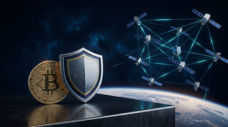 Space-based defense satellite network above Earth with a shield symbol and Bitcoin coin, representing SpaceX defense contracts and treasury strategy.