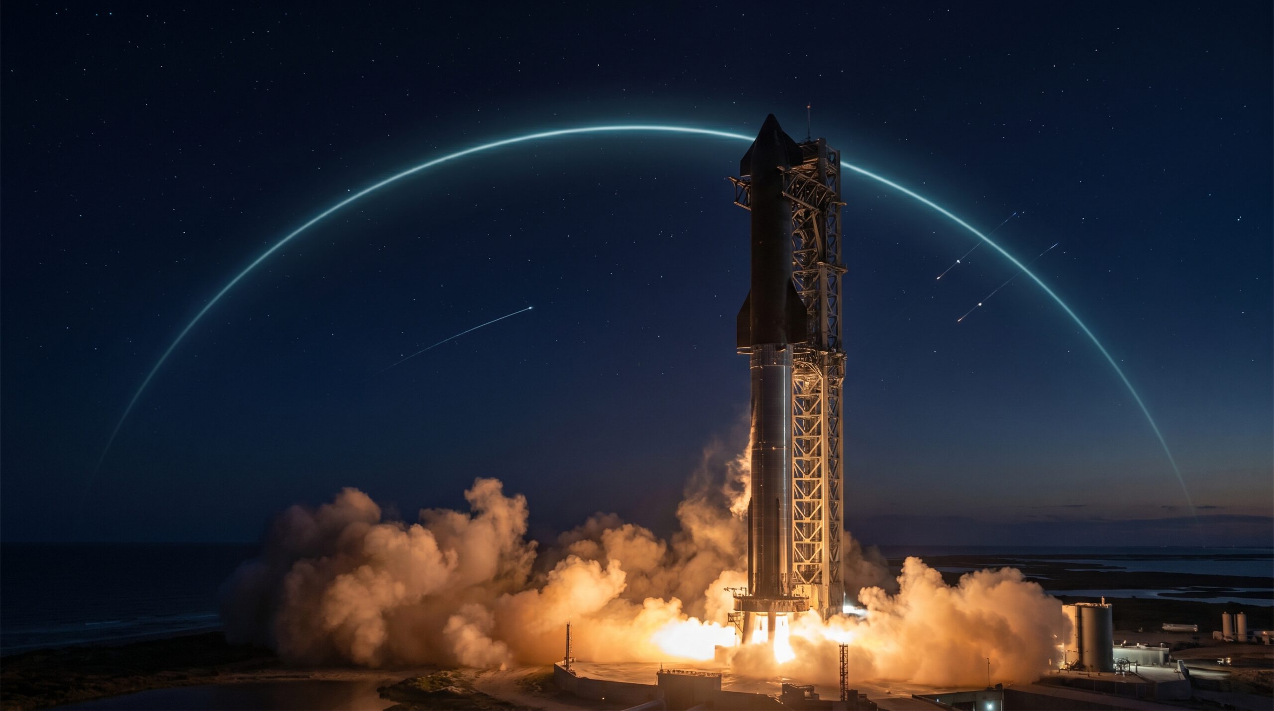 Starship v3 rocket lifting off from a coastal launch site at night, with a luminous orbital trajectory arc visible in the dark blue sky above the vehicle amid launch exhaust and flames.