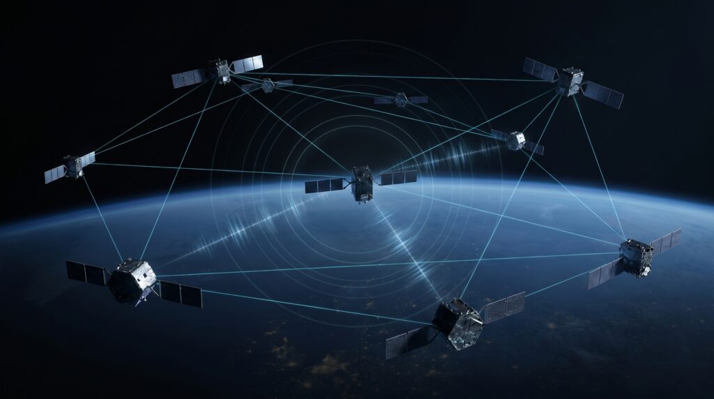 Satellite constellation connected by secure data lines above Earth, representing SpaceX defense contracts and space-based military communication infrastructure.